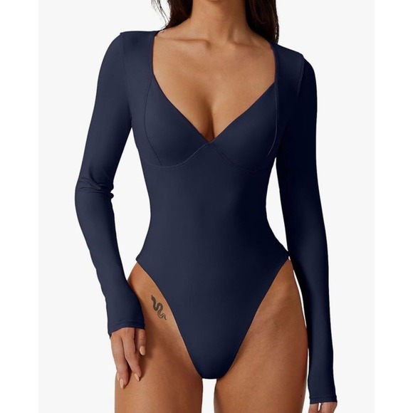 NWT QINSEN Medium Women's Long Sleeve Bodysuit With V-Neck & Seamed Cups - Navy - Picture 1 of 8